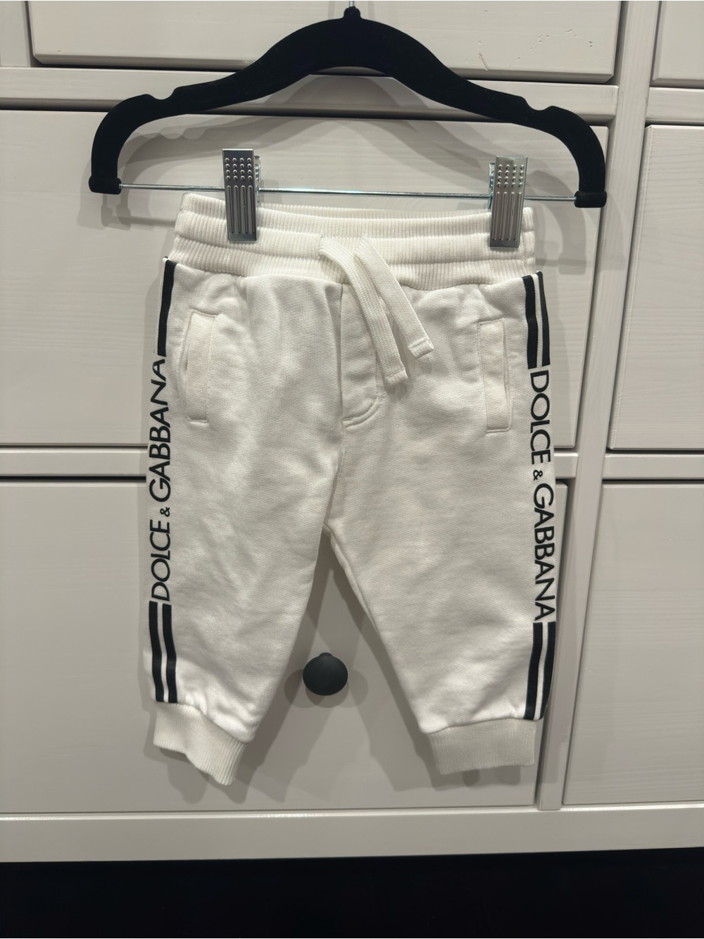 Dolce & Gabbana White Kids Jogger Pants with Black Logo Stripes